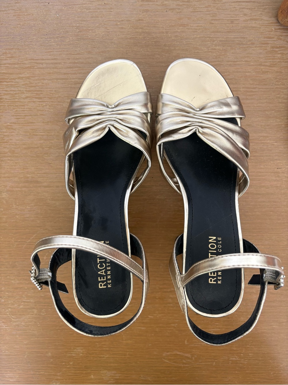 Reaction Kenneth Cole Metallic Gold Knotted Rhinstone Buckle Platform Heel